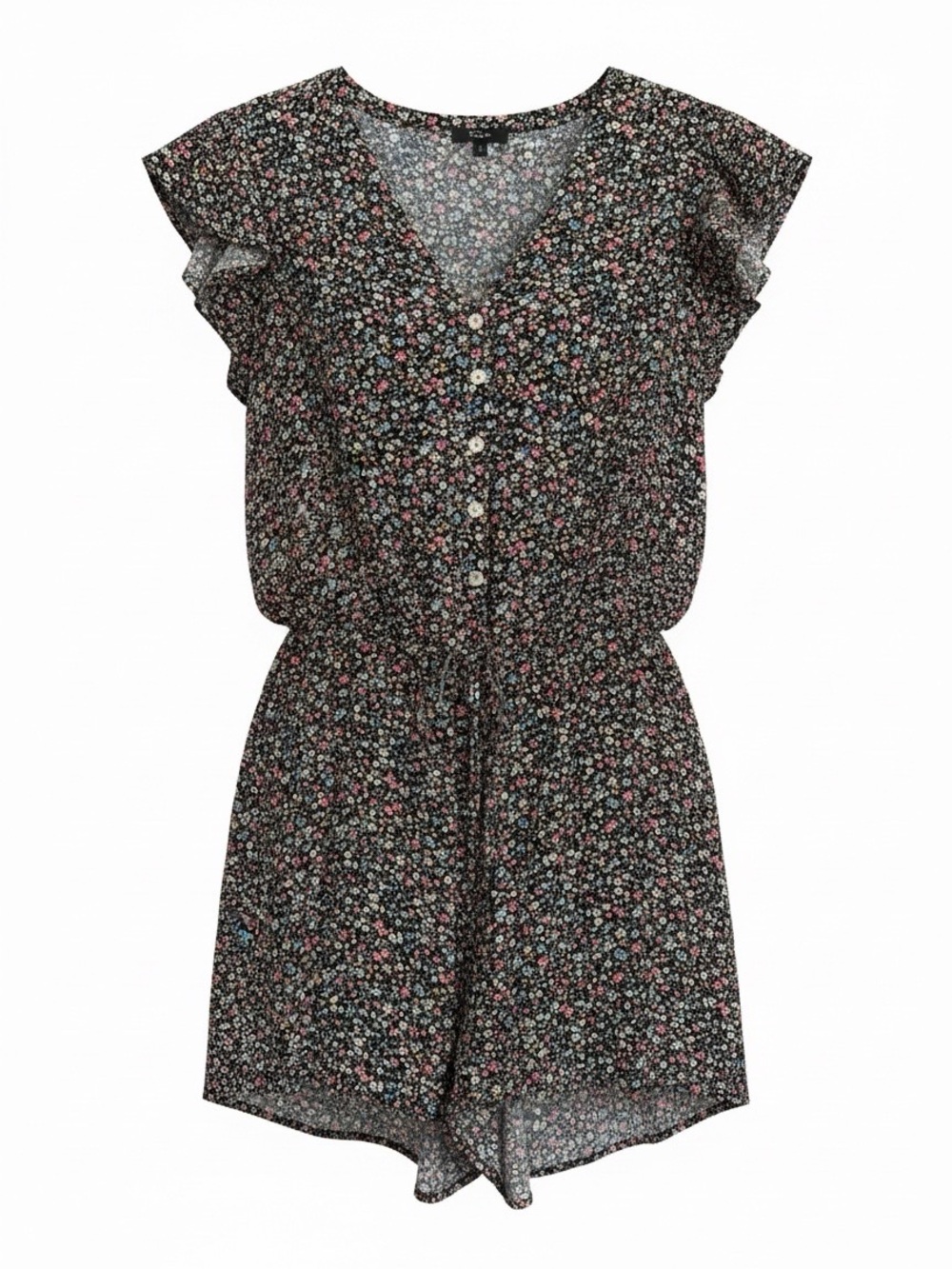 Rails Black Floral Button Romper with Multicolor Ditsy Print